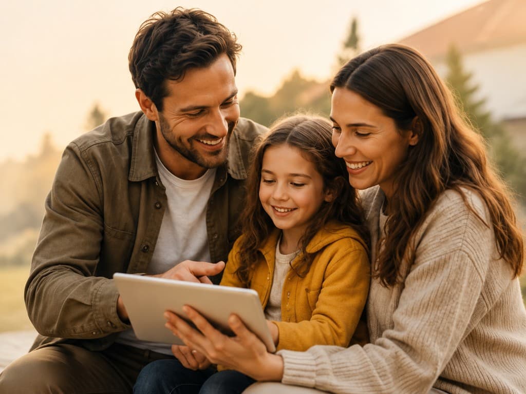 Family reviewing relocation information together on a tablet