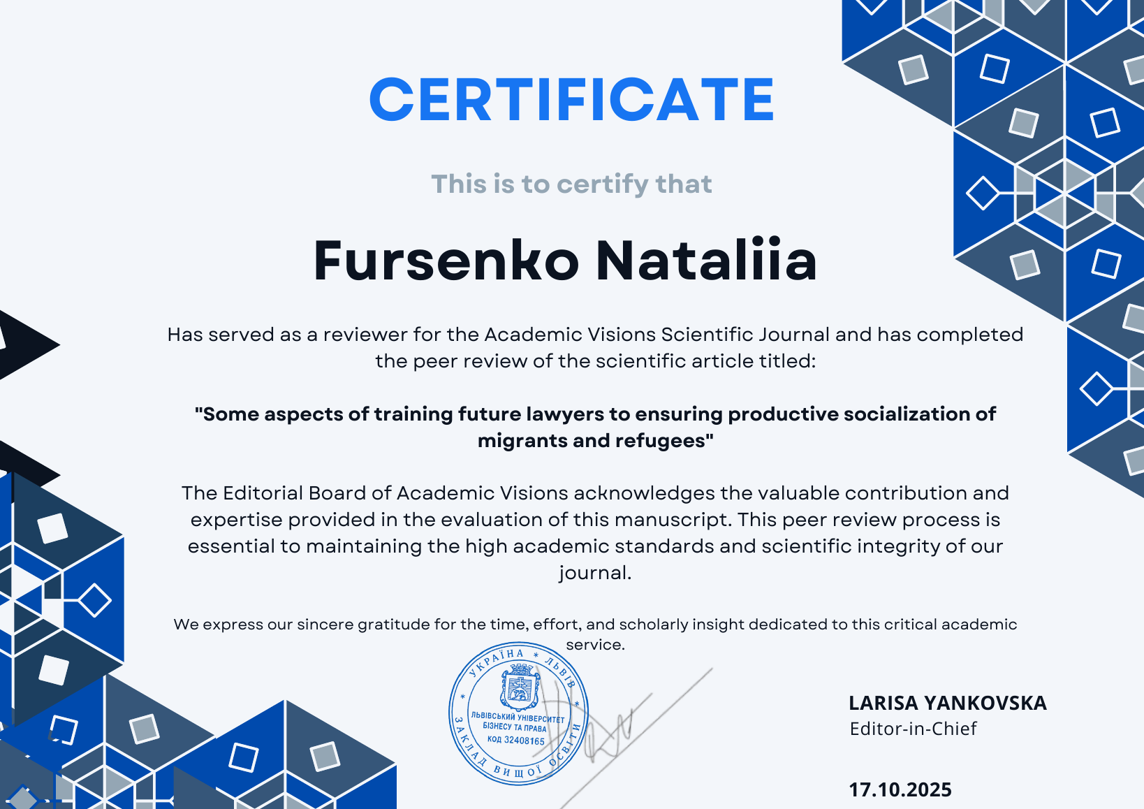 Academic Visions completed peer review certificate